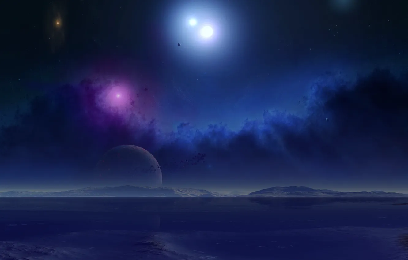 Photo wallpaper the sky, stars, light, planet, satellite