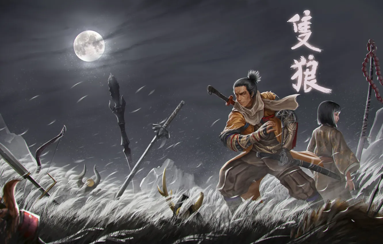 Photo wallpaper the sky, night, the moon, sword, katana, warrior, the full moon, art