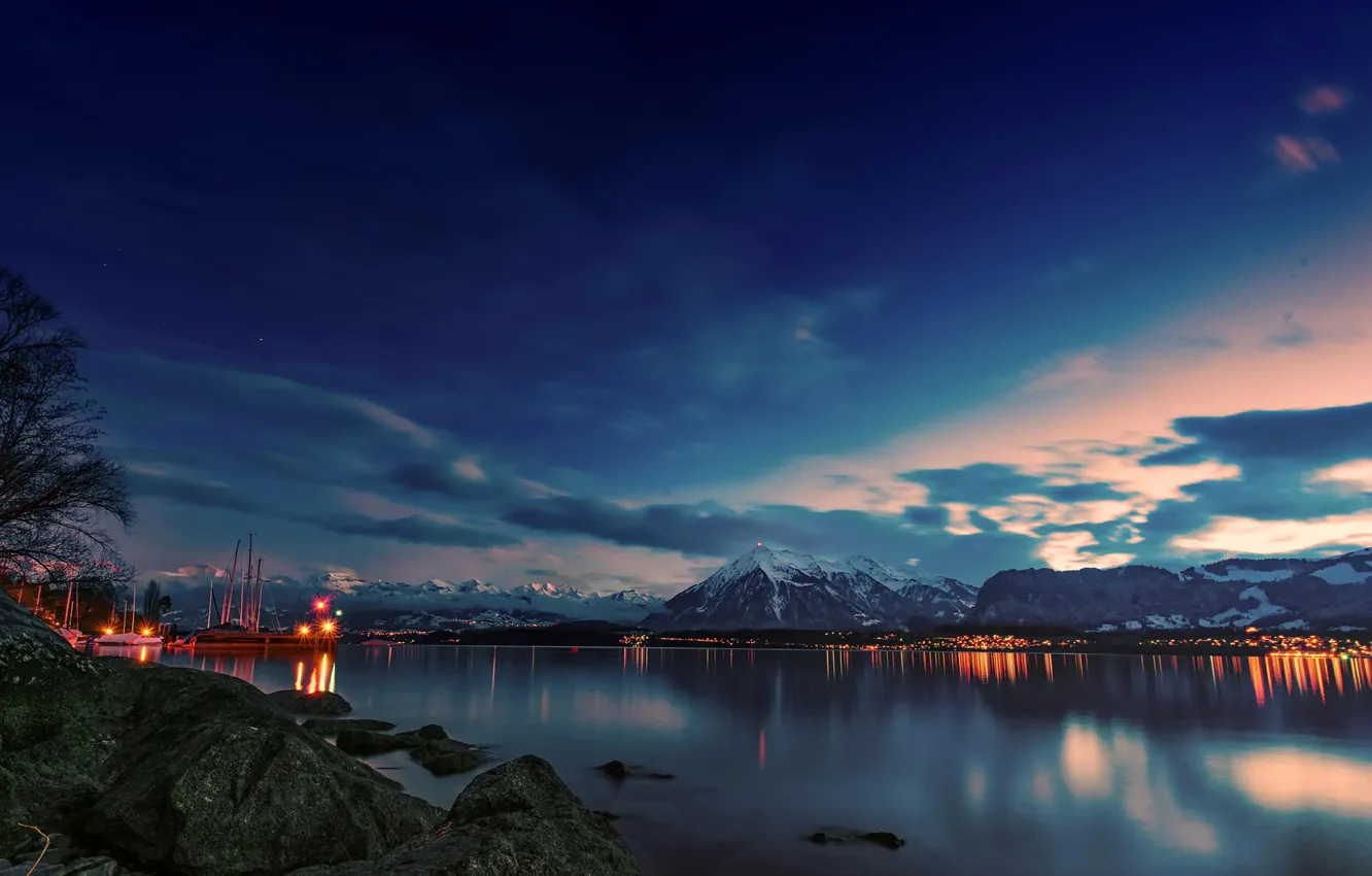 Photo wallpaper the sky, clouds, trees, sunset, mountains, lights, lake, stones
