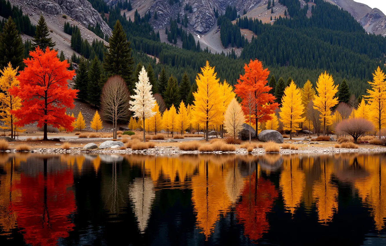 Photo wallpaper colors, lake, landscape background, trees in lake