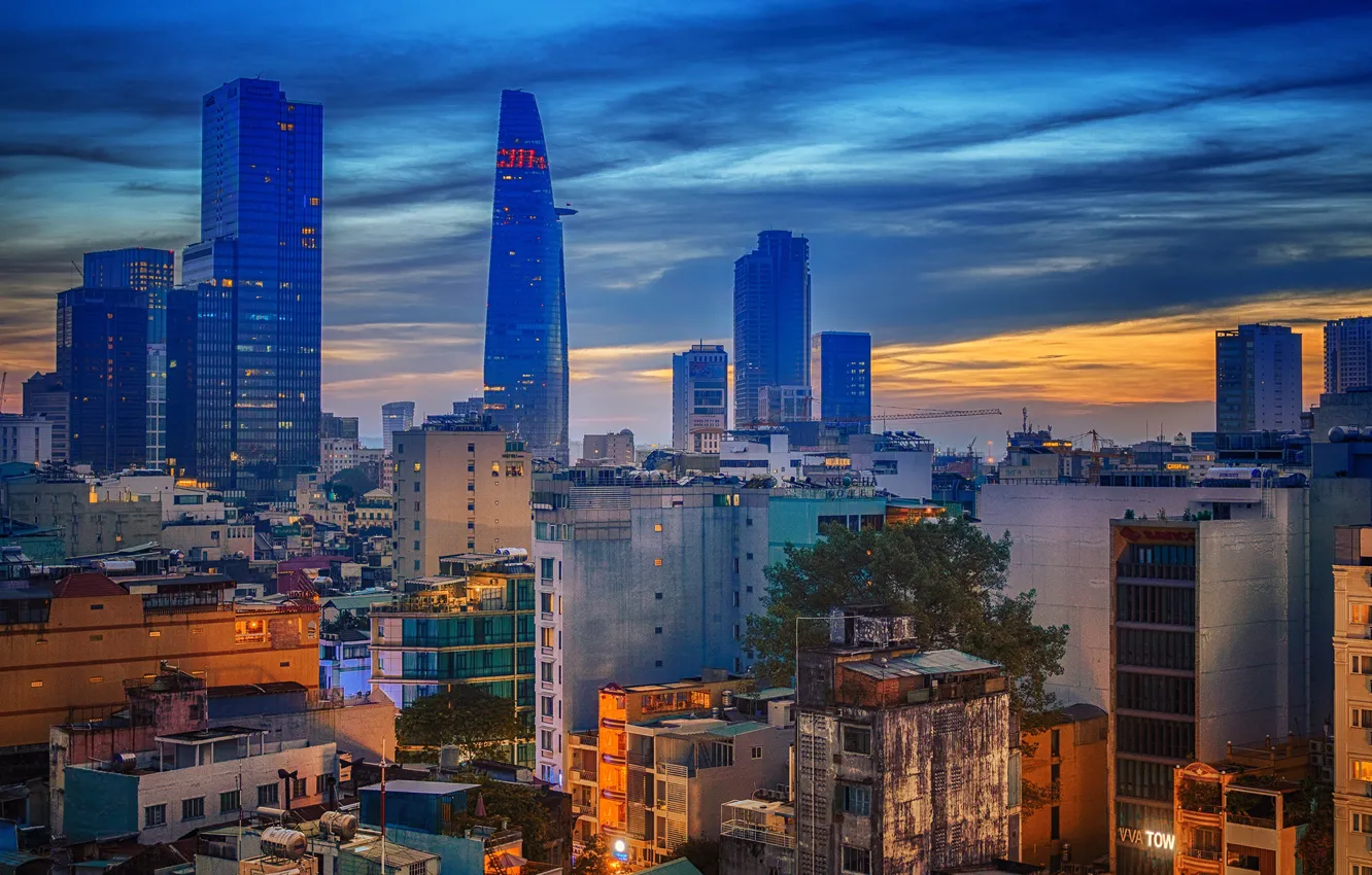 Photo wallpaper the sky, sunset, the city, lights, building, home, skyscrapers, the evening