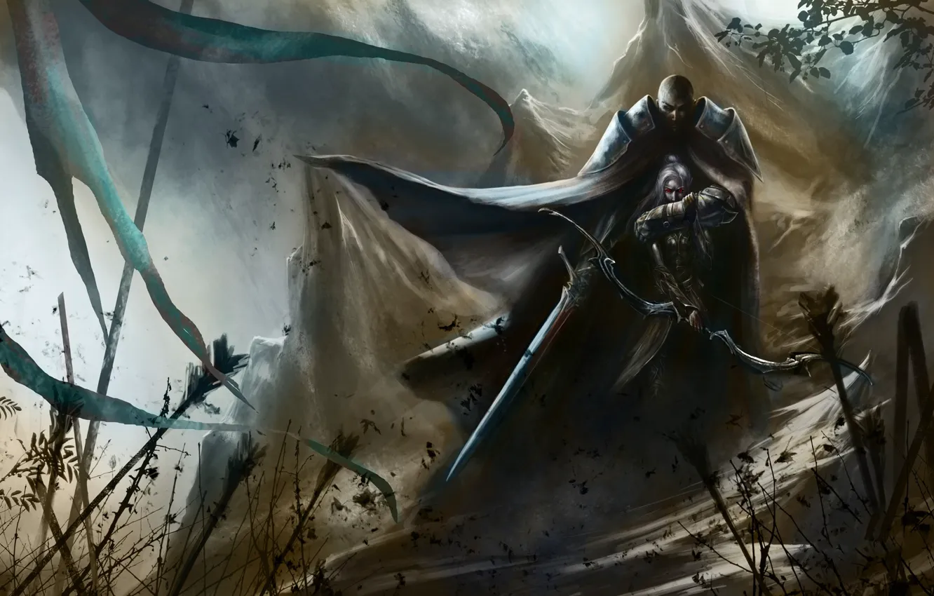 Photo wallpaper girl, warrior, cloak, red eyes