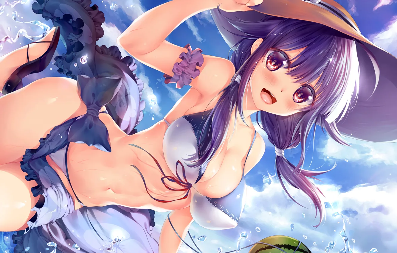 Photo wallpaper girl, sexy, wet, cleavage, beach, sky, long hair, hat