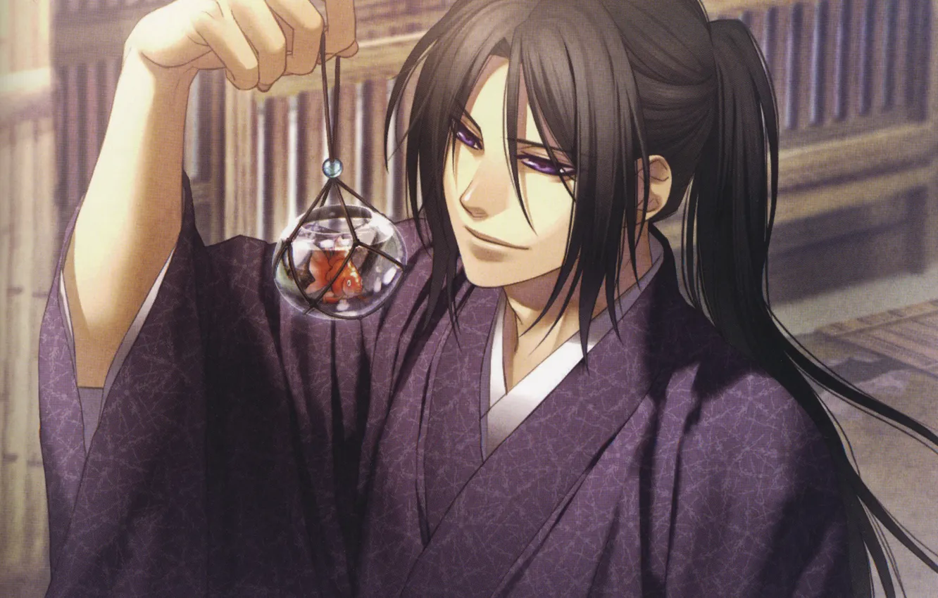 Photo wallpaper fish, hands, guy, kimono, long hair, art, demons pale cherry, Hakuouki Shinsengumi Kitano