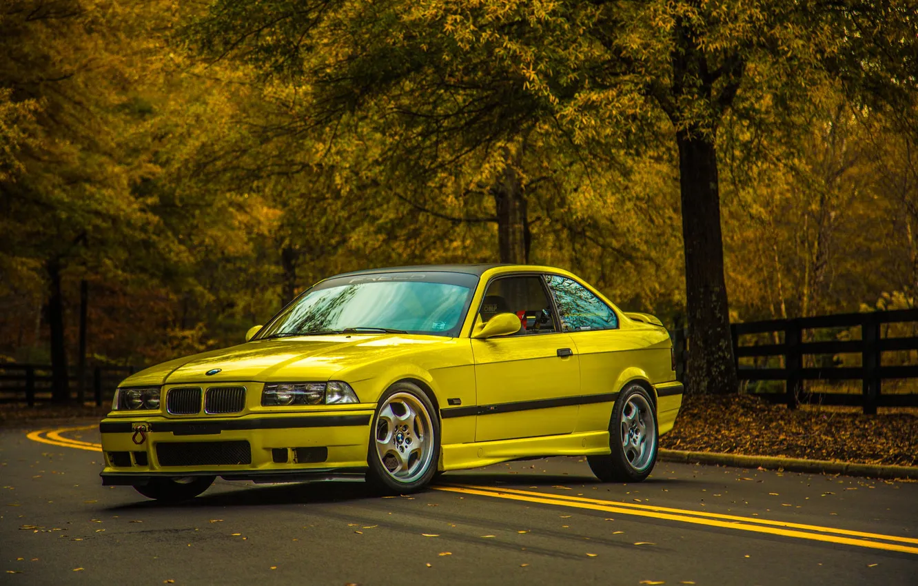 Photo wallpaper road, autumn, leaves, yellow, BMW, oldschool, 3 Series, E36