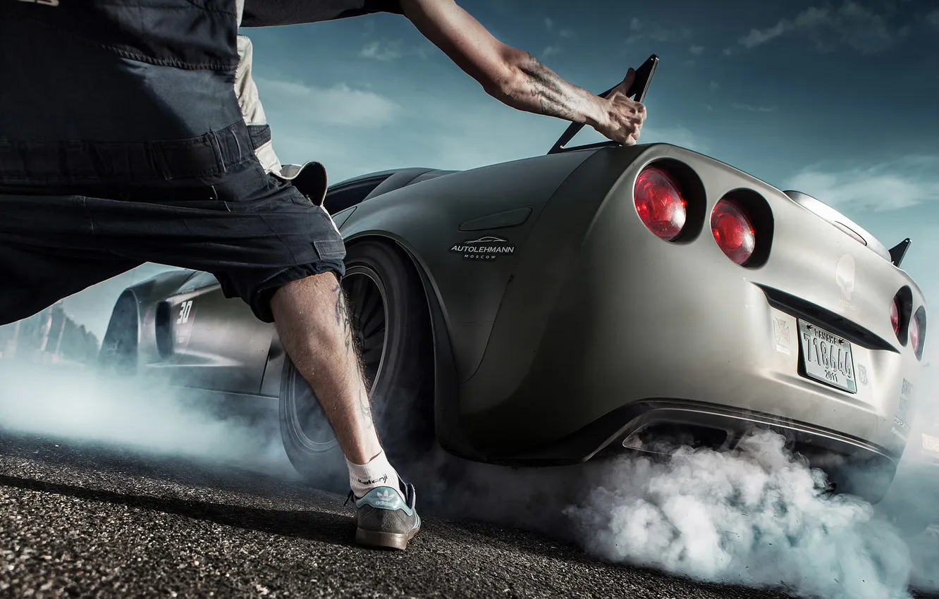 Photo wallpaper background, smoke, Corvette, Chevrolet, supercar, Chevrolet, rear view, Corvette