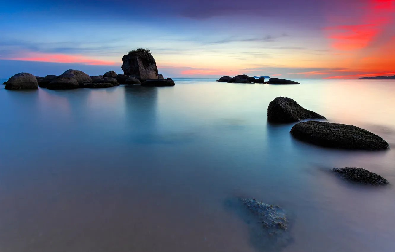 Photo wallpaper sea, the sky, clouds, sunset, stones, rocks
