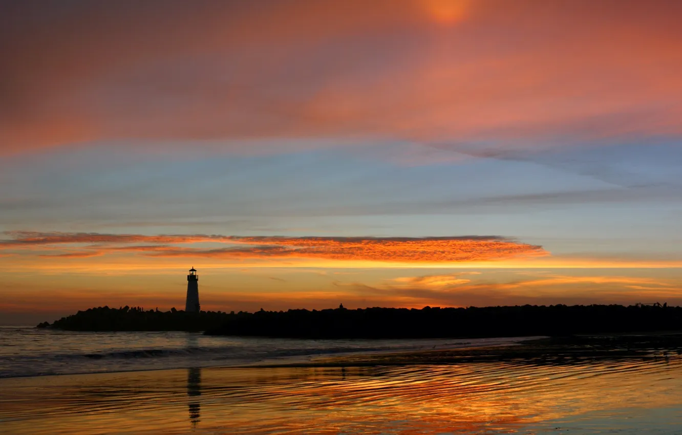 Photo wallpaper sea, lighthouse, Sunset, the evening