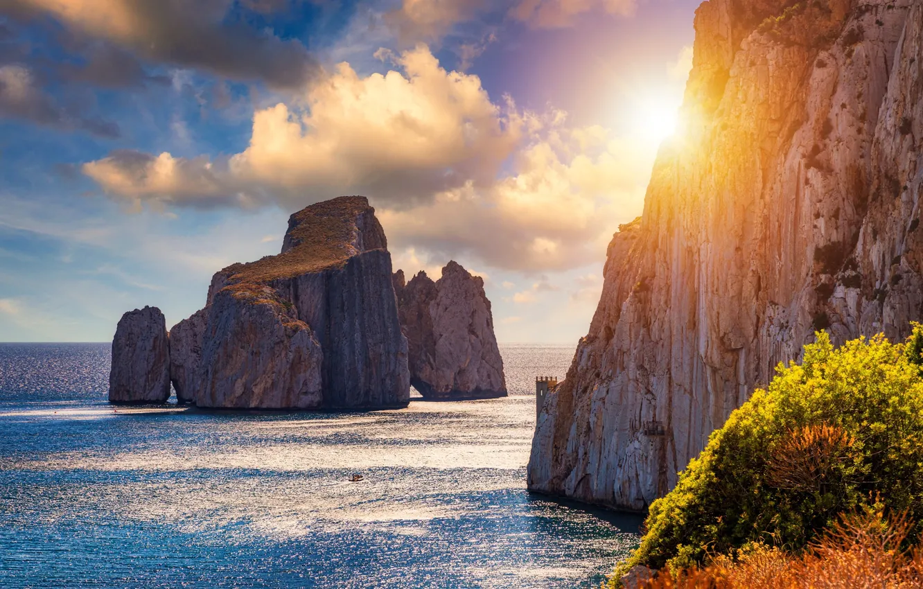 Photo wallpaper sea, clouds, Italy, rock, Italy, Sardinia, sunlight, sunlight