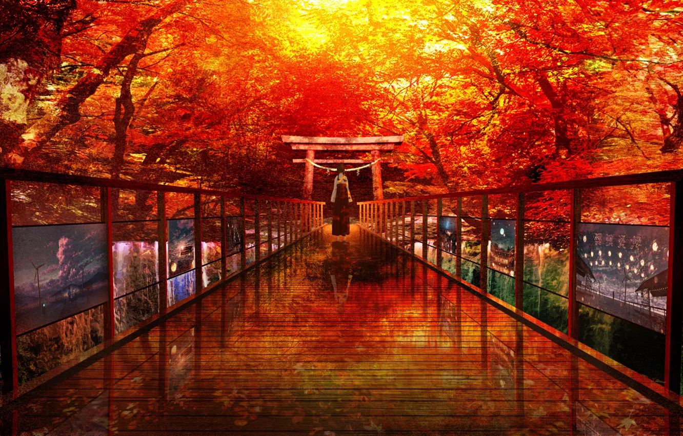 Photo wallpaper autumn, girl, trees, bridge, landscapes, traditional clothing, torii