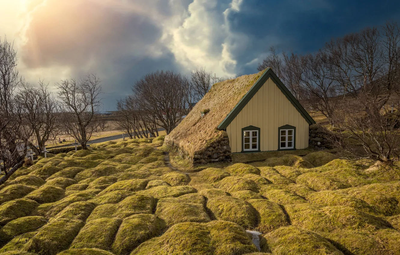 Photo wallpaper field, clouds, clouds, home, house