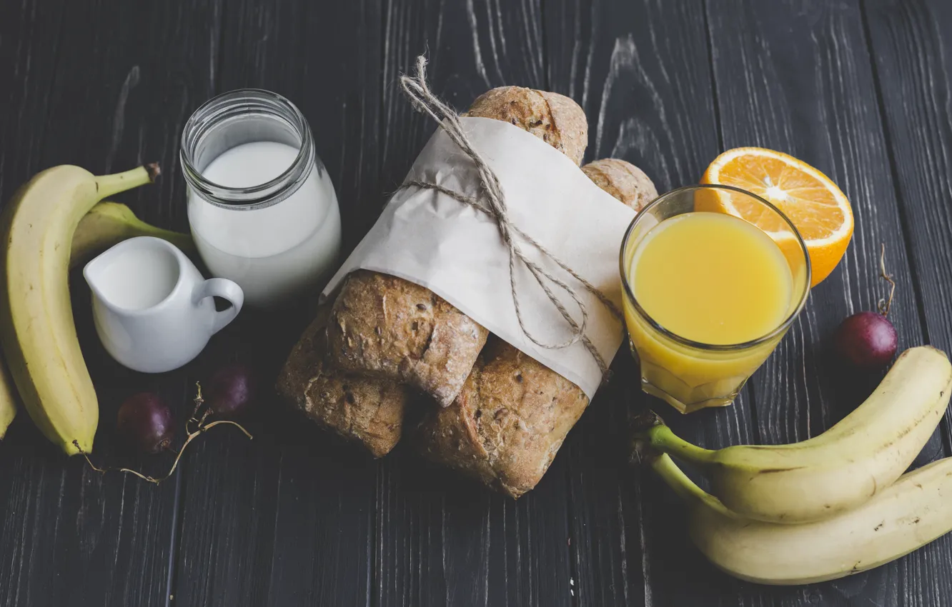 Photo wallpaper food, Breakfast, milk, juice, bread, bananas, orange