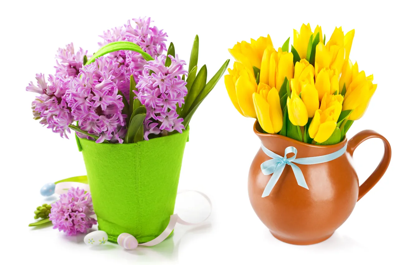 Photo wallpaper eggs, bouquet, tulips, flowers, tulips, spring, easter, hyacinths