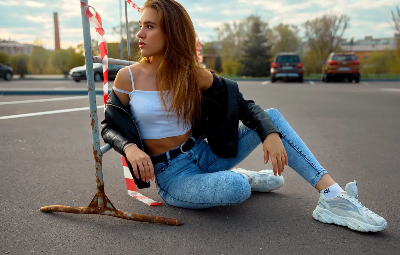 Photo wallpaper girl, model, jeans, jacket, sneakers
