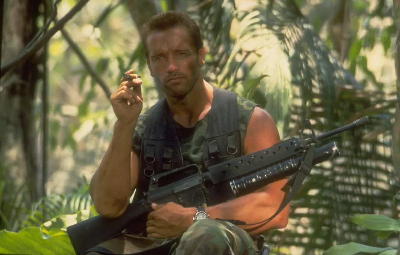 Photo wallpaper watch, man, machine, cigar, Actor, Predator, Predator, Arnold Schwarzenegger
