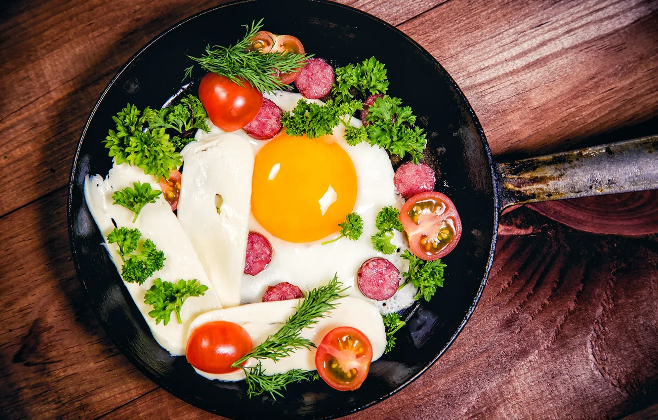 Photo wallpaper greens, egg, scrambled eggs, tomatoes, sausage
