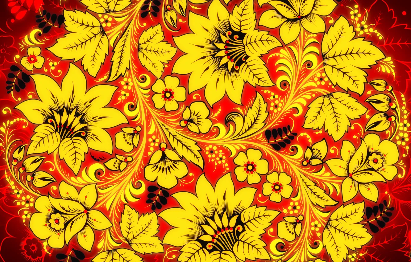 Photo wallpaper flowers, style, background, art, painting, Khokhloma, Khokhloma painting, madeinkipish