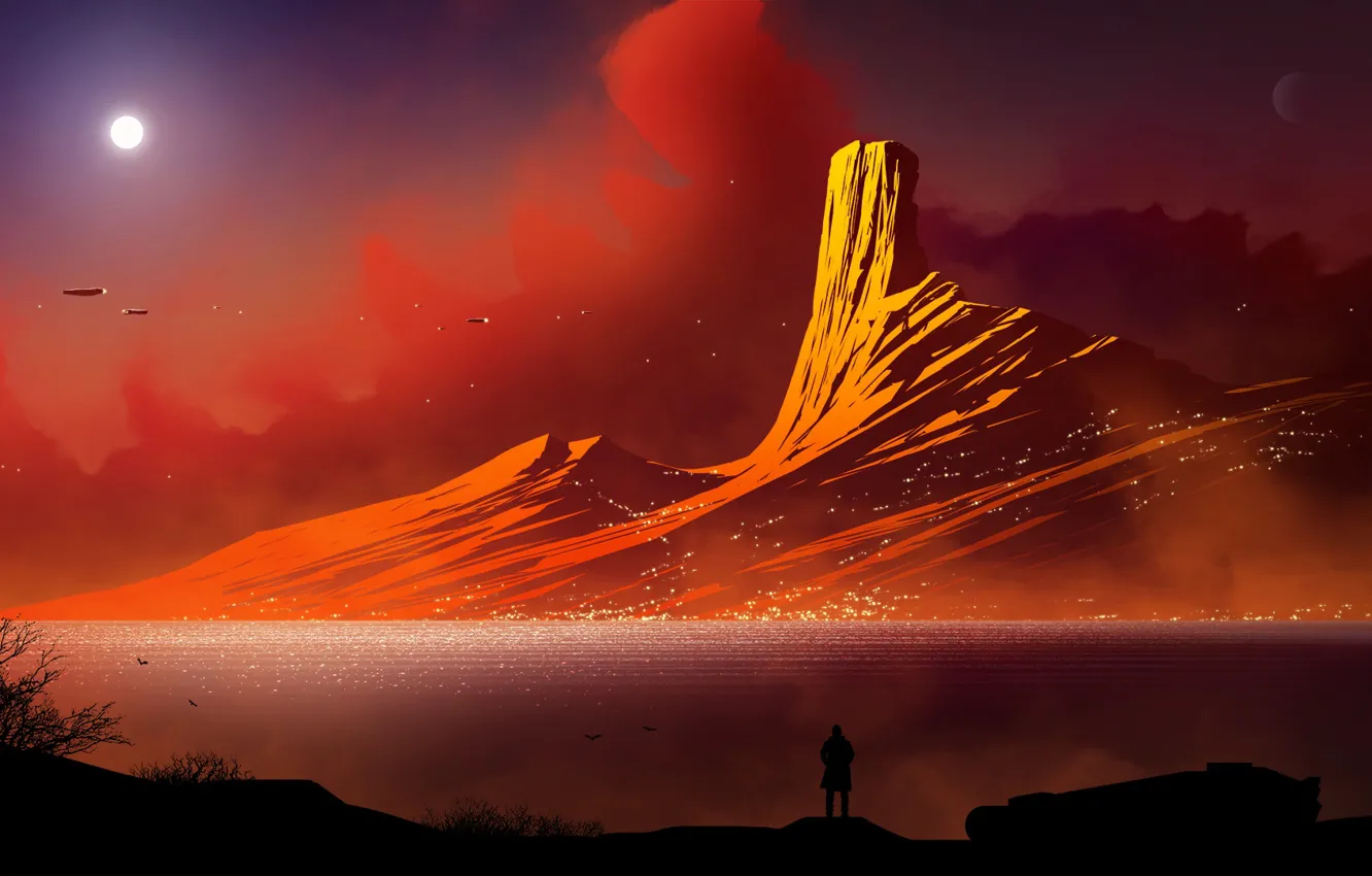 Photo wallpaper the sun, stars, landscape, mountains, fiction, transport, coast, people