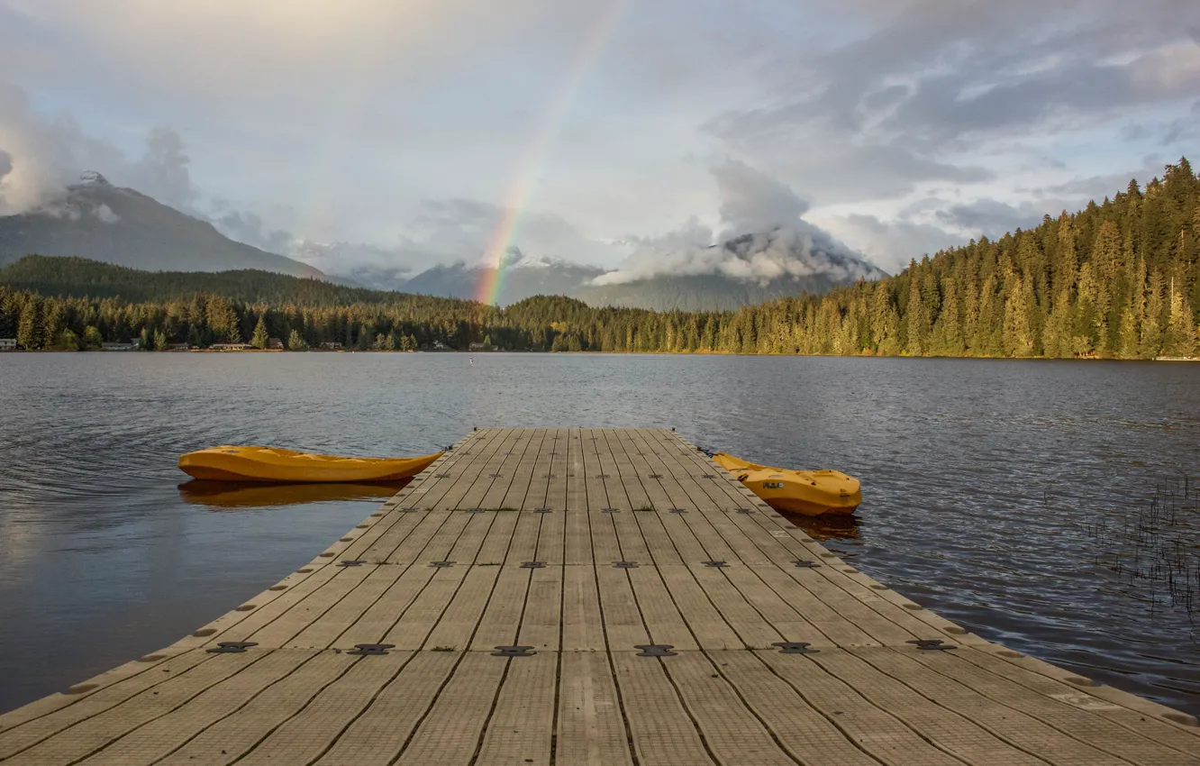 Photo wallpaper rainbow, lake, pier, dock