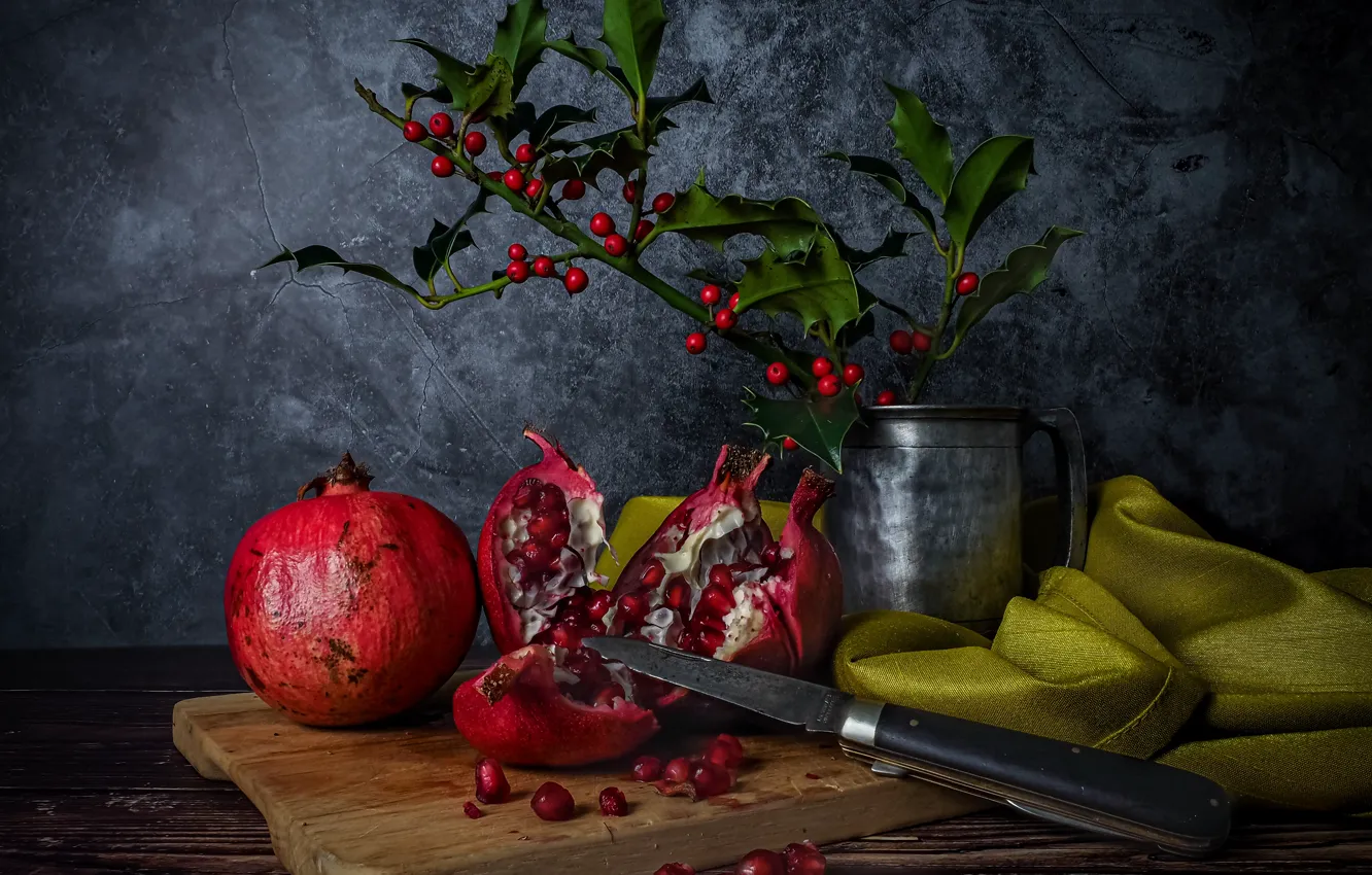 Photo wallpaper leaves, branches, berries, table, wall, fruit, knife, mug