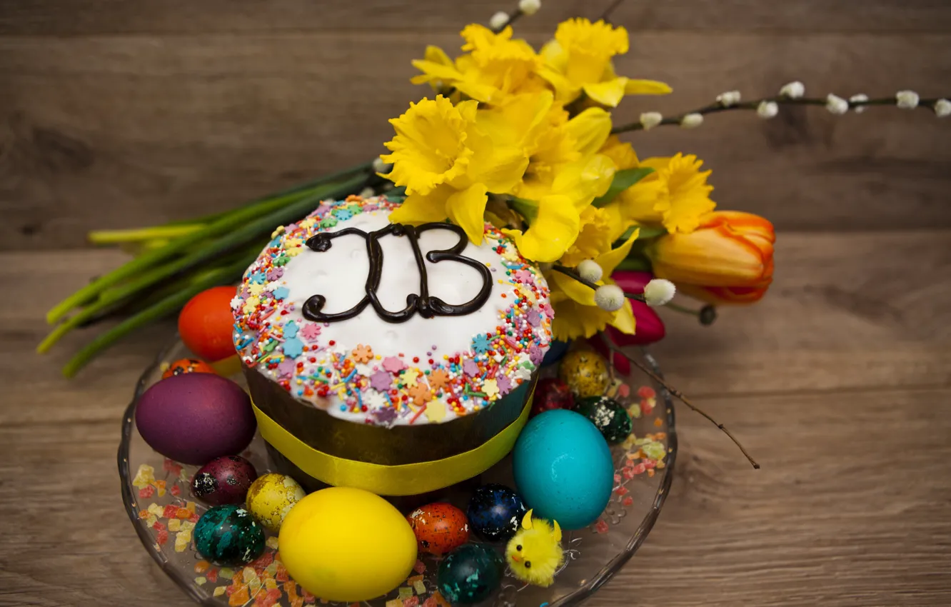 Photo wallpaper Easter, tulips, cake, Verba, daffodils, eggs