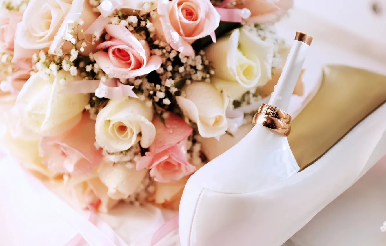 Photo wallpaper flowers, holiday, shoes, ring, shoes, heels, wedding, wedding