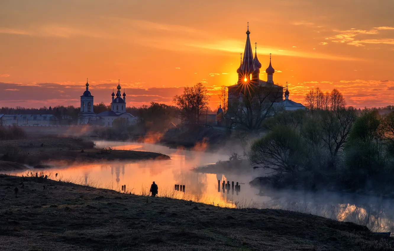 Photo wallpaper fog, dawn, village, morning, temple, Russia, Dunilovo