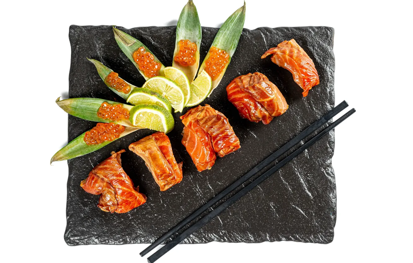 Photo wallpaper fish, lime, caviar, seafood