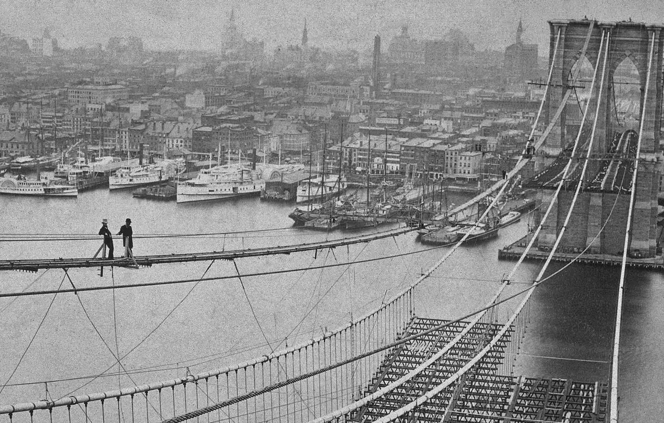 Photo wallpaper retro, New York, One thousand eight hundred eighty three, the construction of the Brooklyn bridge