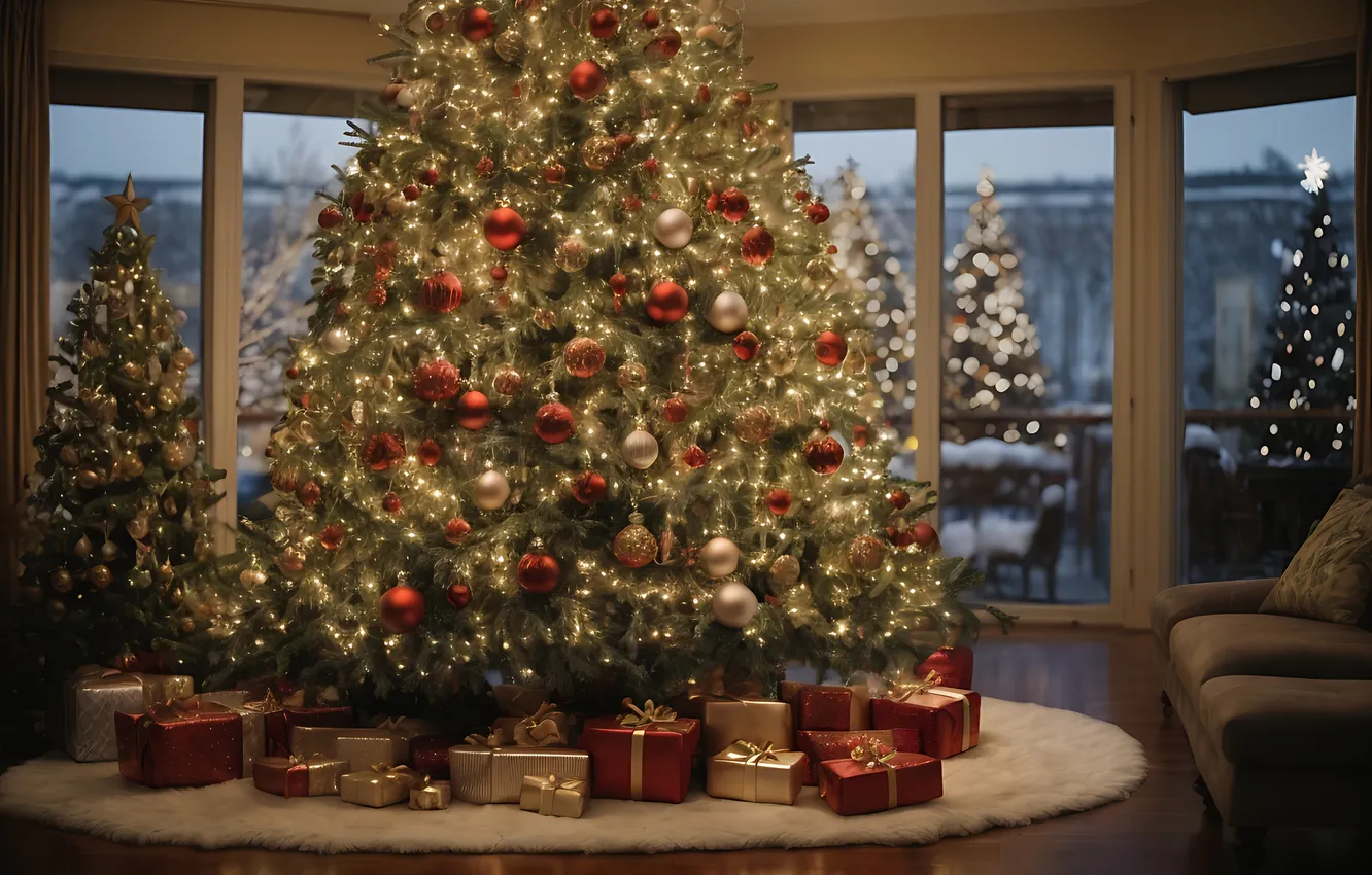 Photo wallpaper decoration, room, gift, tree, new year, interior, Christmas, Christmas