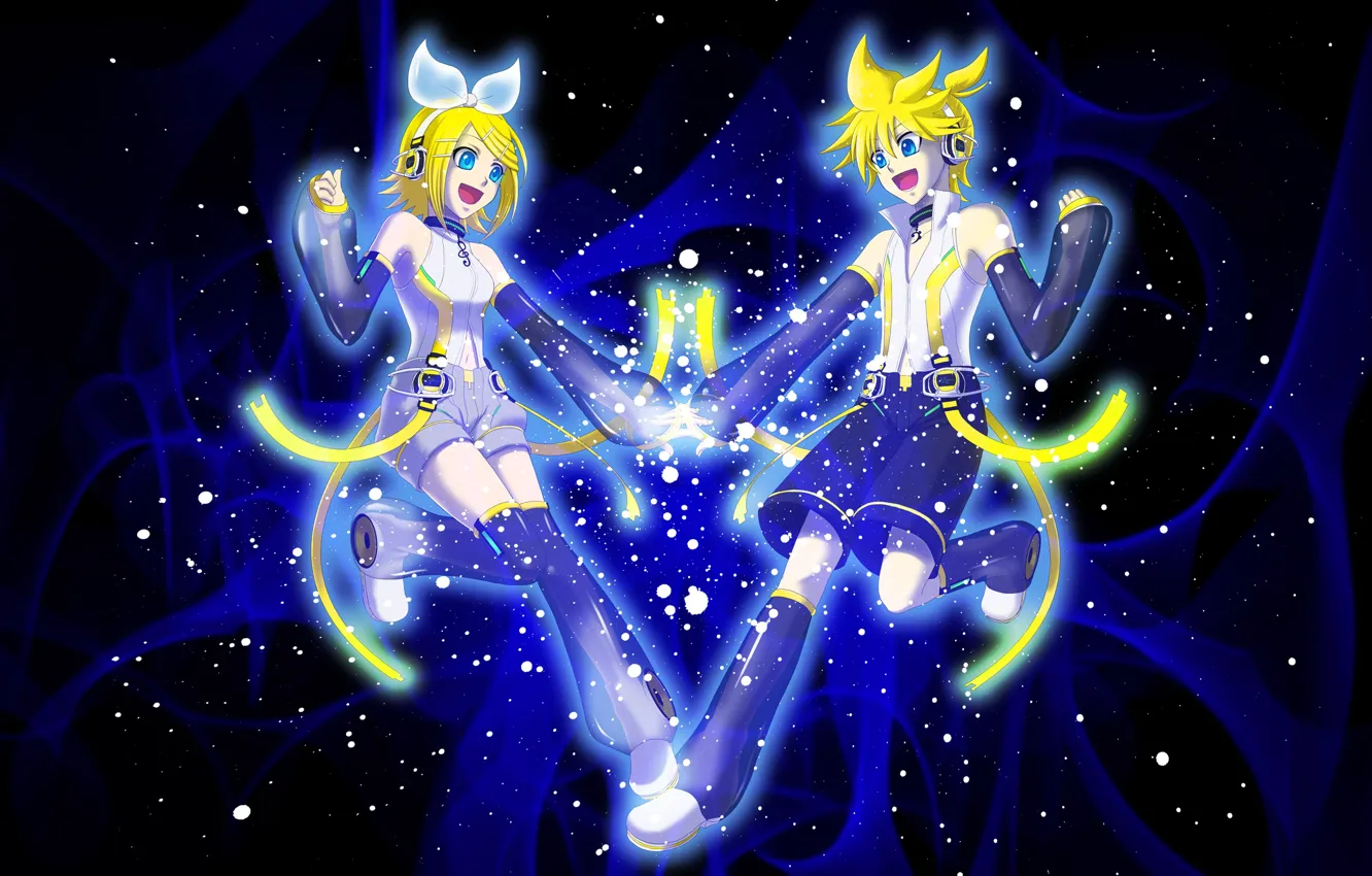 Photo wallpaper vocaloid, two, bow, Vocaloid, the dark background, Kagamine Len, Kagamine Rin