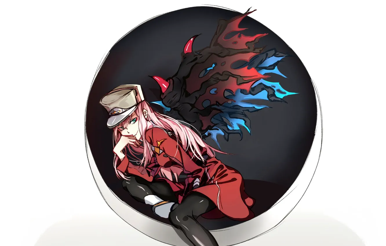 Photo wallpaper girl, round, sitting, 002, Darling In The Frankxx, Cute in France, Zero Two