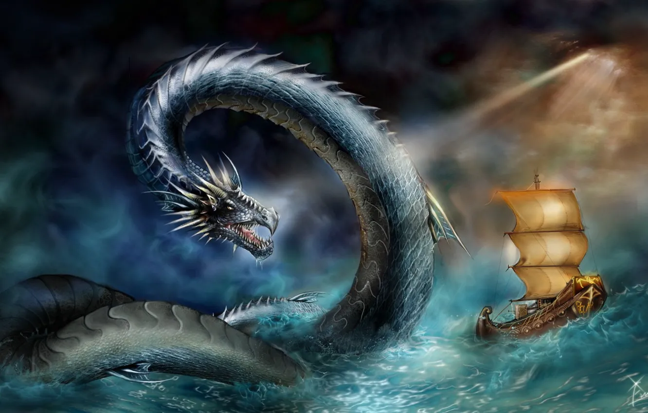 Photo wallpaper sea, storm, ship, attack, snakes, sea