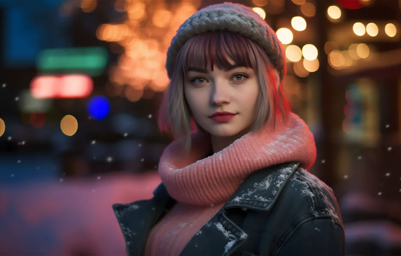 Photo wallpaper look, snow, lights, lights, night city, beautiful girl, cap, snow