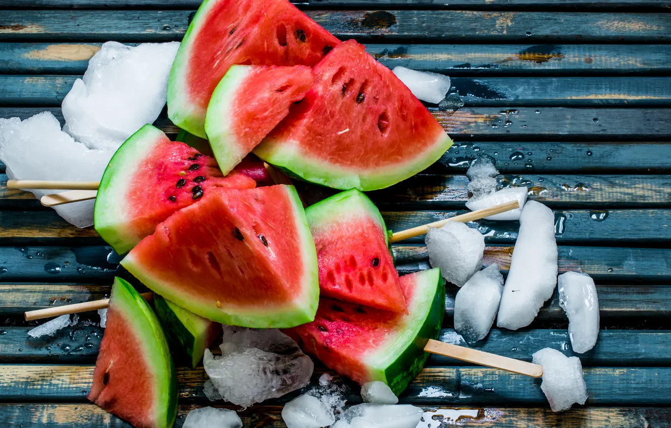 Photo wallpaper ice, drops, snow, strip, Board, sticks, watermelon, blue background