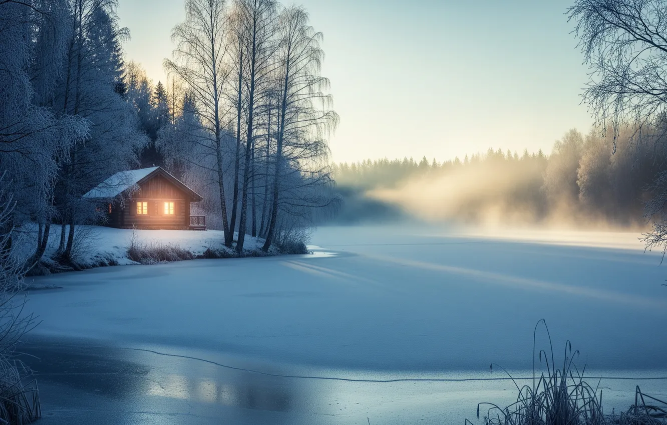 Photo wallpaper winter, shore, art, house, ice
