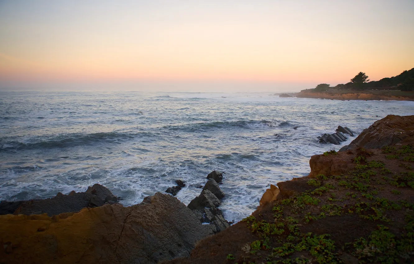 Photo wallpaper sea, wave, stones, shore, the evening