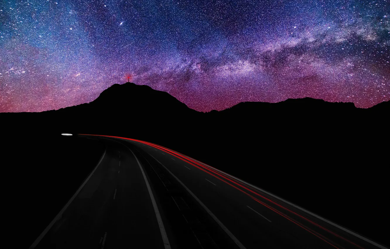 Photo wallpaper road, stars, mountains, night