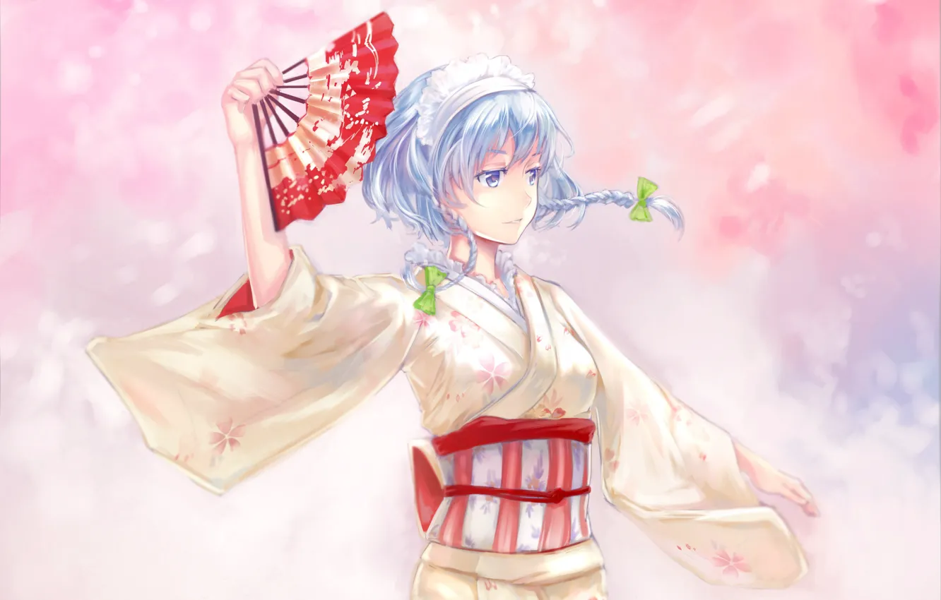 Photo wallpaper dance, fan, braids, kimono, pink background, blue hair, bezel, Izayoi Sakuya