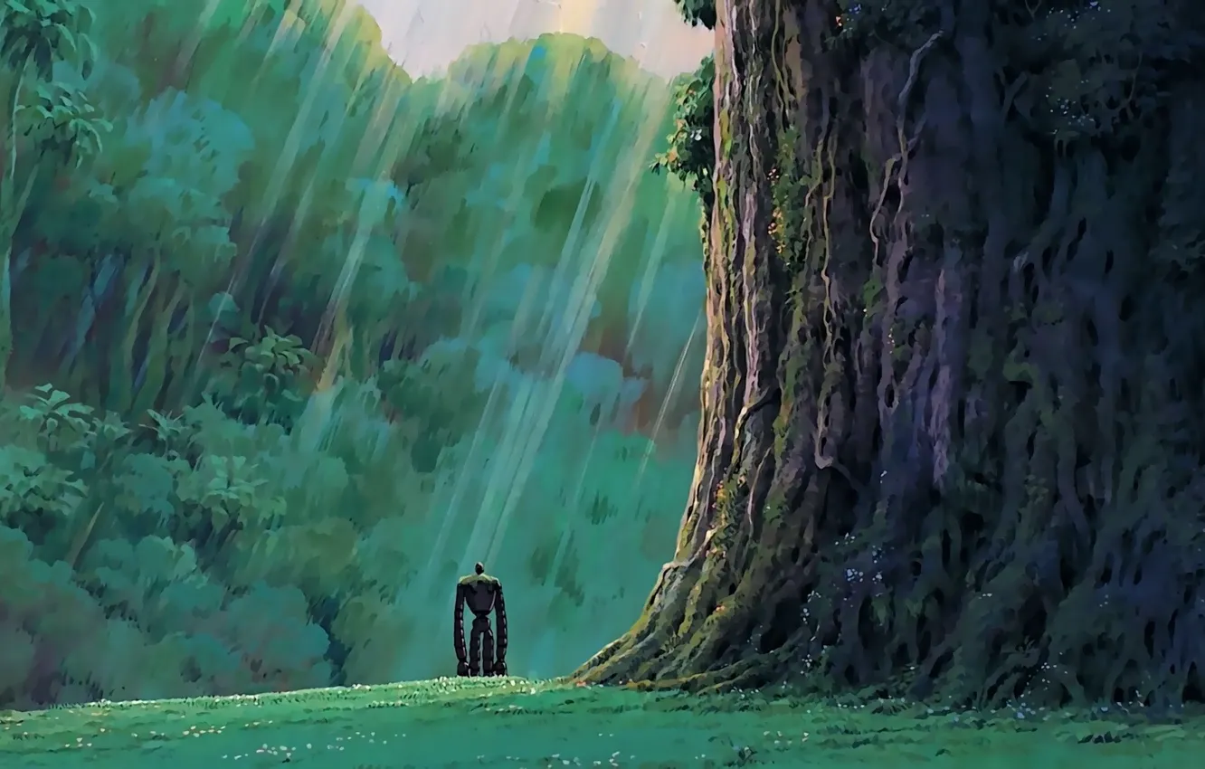 Photo wallpaper green, grass, robot, trees, anime, rocks, mood, loneliness