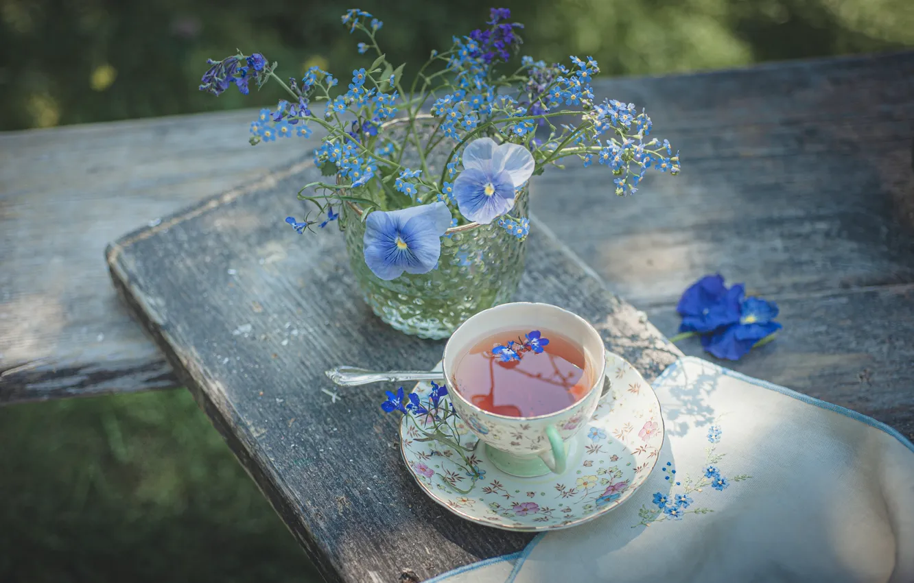 Photo wallpaper light, flowers, glass, blue, tea, Board, towel, garden