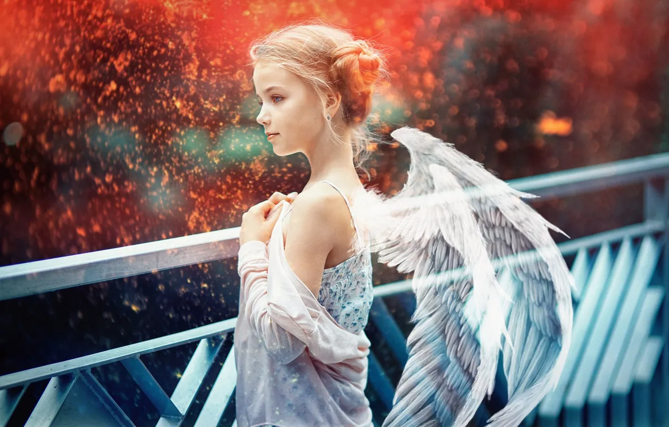 Photo wallpaper wings, angel, sparks, girl, bokeh