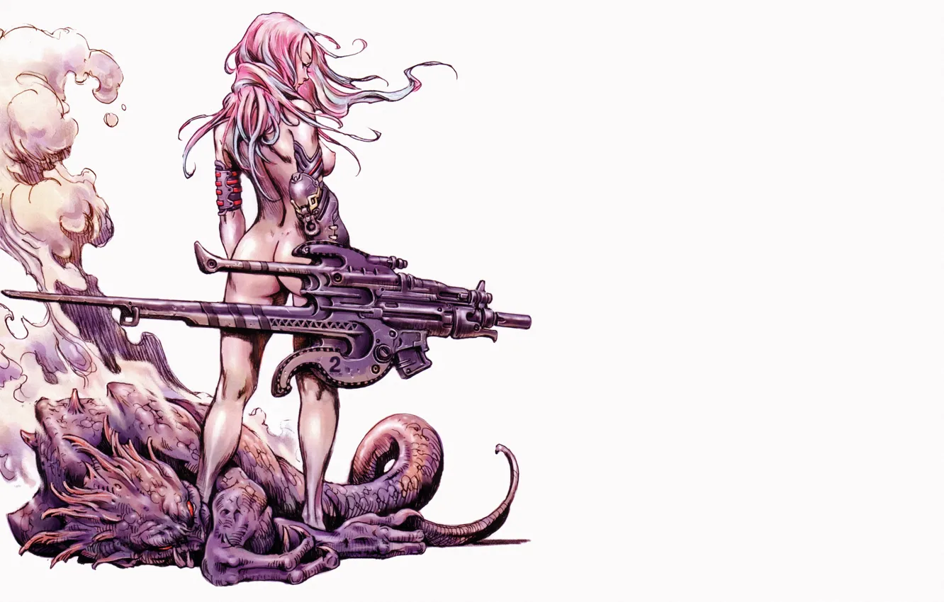 Photo wallpaper body, back, Girl, monster, tail, claws, white background, comics