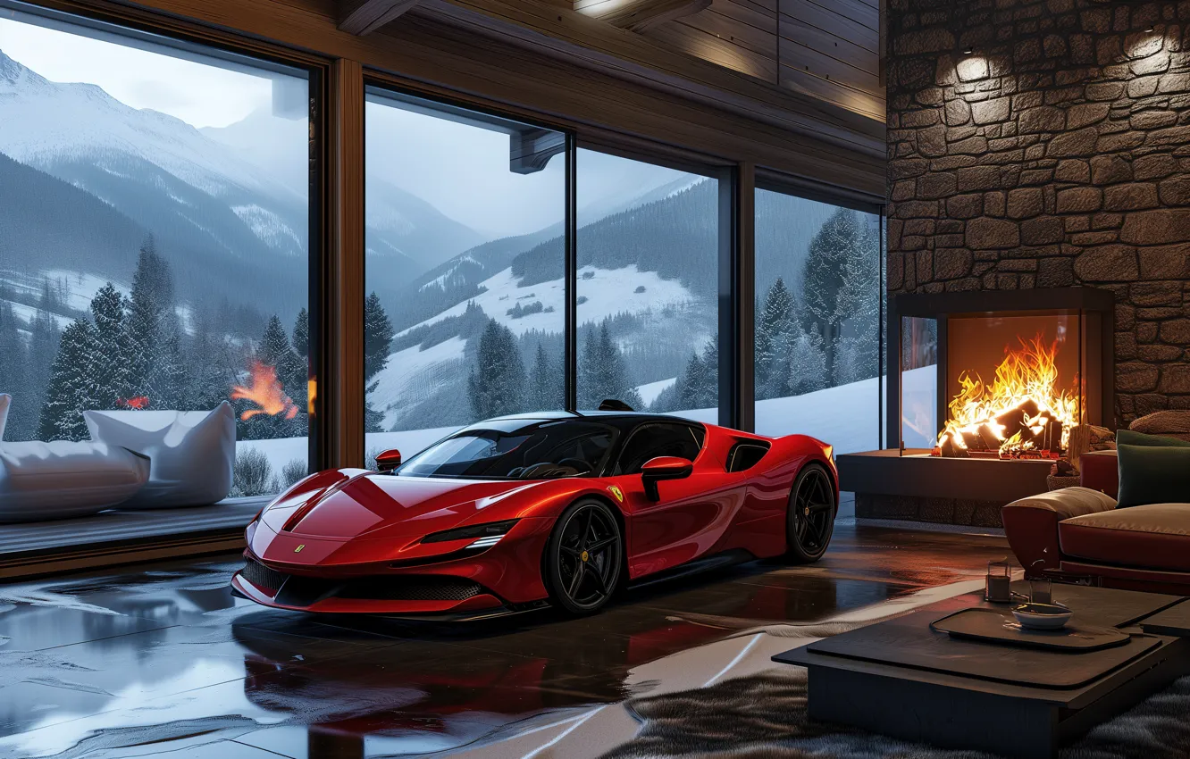 Photo wallpaper Ferrari, Cars, Winter, Fireplace, Cozy, Ferrari SF90, Ferrari SF90 Road, Aesthetic interior