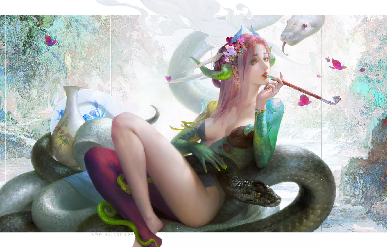 Photo wallpaper girl, fantasy, cleavage, smoking, horns, legs, Snake, butterfly