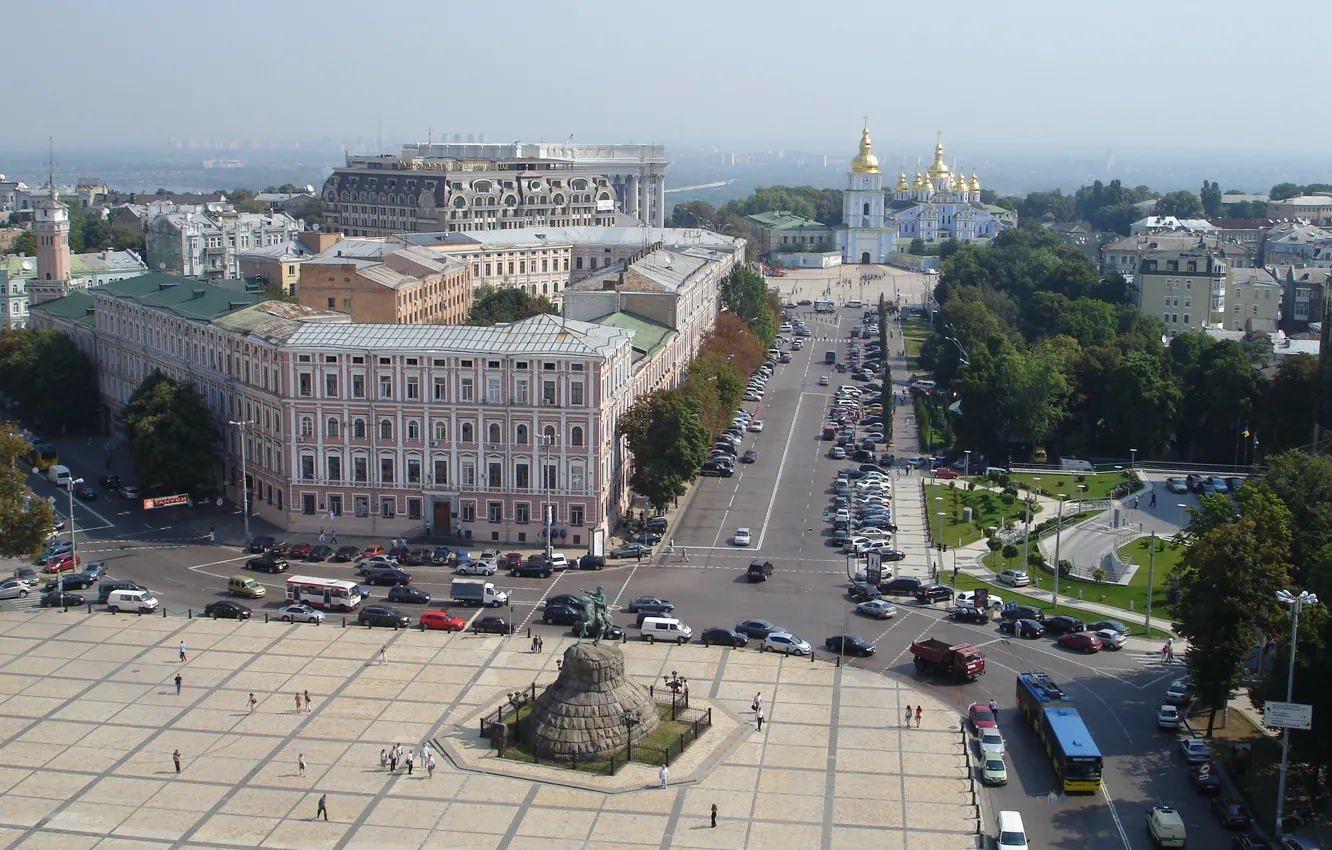 Photo wallpaper road, summer, Kiev, Sofia square, the monument to Bogdan Khmelnitsky