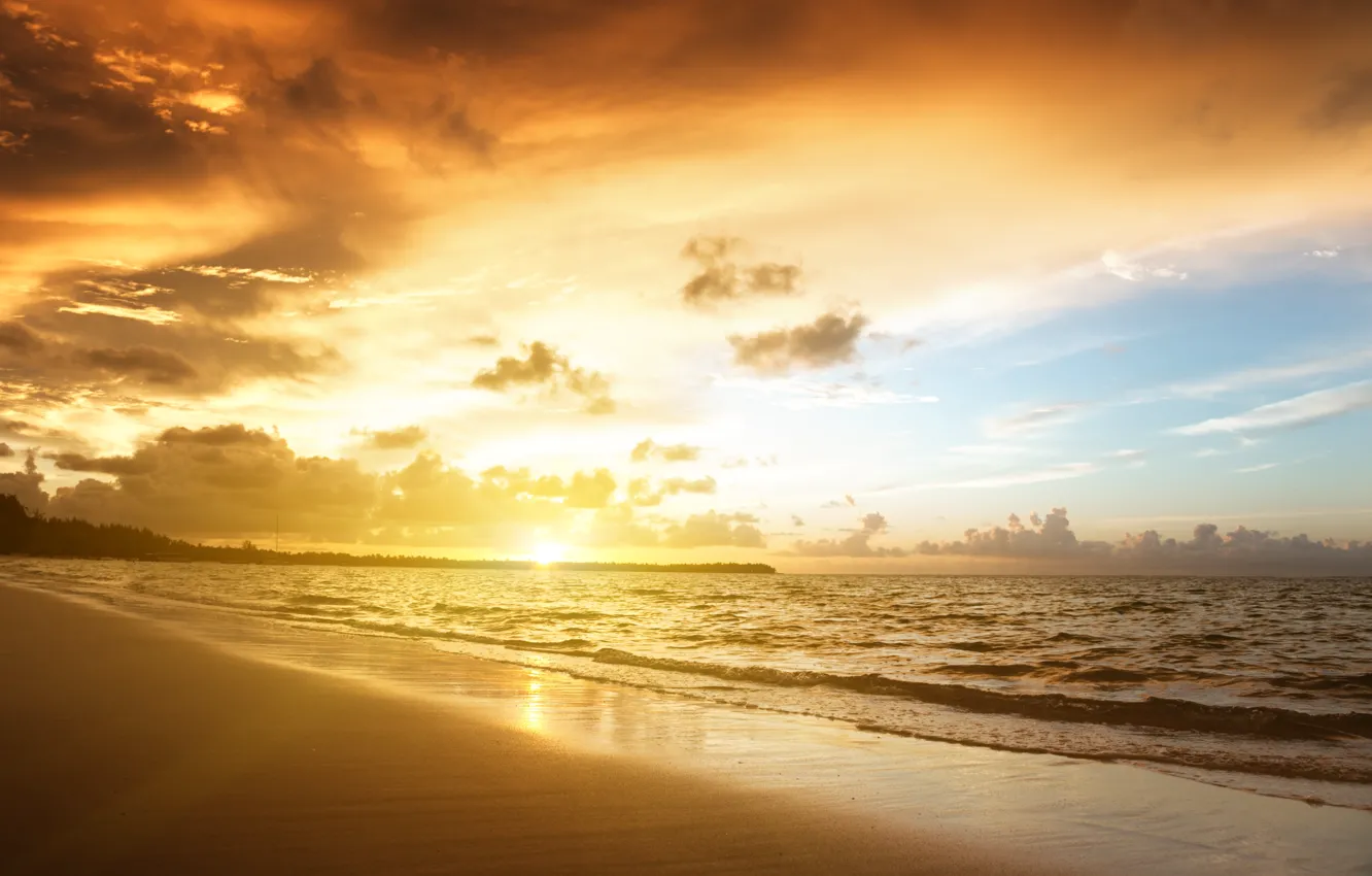 Photo wallpaper sand, sea, beach, the sky, clouds, landscape, sunset, nature