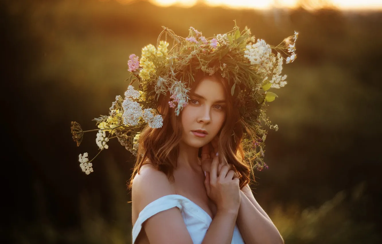 Photo wallpaper girl, flowers, wreath, Vladislav Opletaev