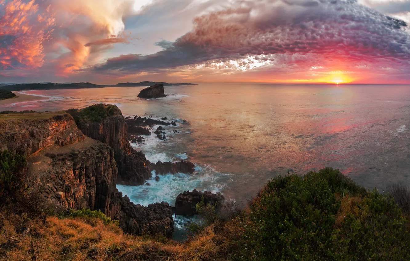 Photo wallpaper sea, the sky, the sun, clouds, sunset, stones, rocks, coast
