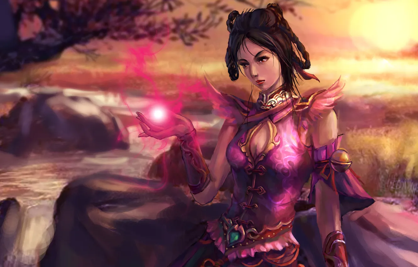 Photo wallpaper girl, the sun, stones, magic, braid